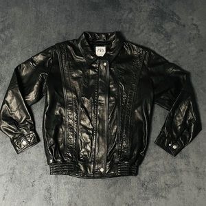 Zara Women's Black Sheep Lambskin Leather Biker Bomber Jacket Size Small